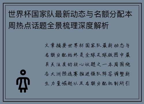 世界杯国家队最新动态与名额分配本周热点话题全景梳理深度解析